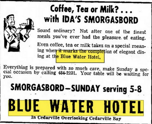 Blue Water Hotel (Les Cheneaux Coffee Roasters) - July 1966 Ad (newer photo)